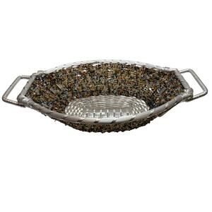IHI Boat Shape Seed Bead Basket Silver Metal And Wire Made In India 13.5" x 8"
